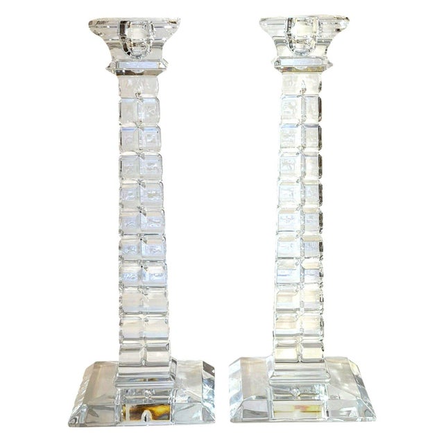 Mikasa Colosseum Lead Crystal Candlesticks Pair 10" Geometric Slovenia For Sale - Image 4 of 4