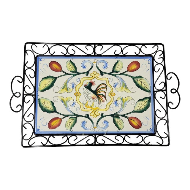 Rectangular Serving Tray With Rooster Tile For Sale
