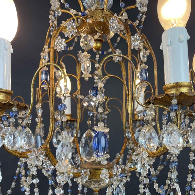 1950s Chandelier in Golden Iron and Light Blue Crystals, 1950s For Sale - Image 5 of 14