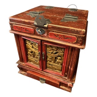 Vintage Chinese Red Lacquered Carved Wood Jewelry Box Vanity With Mirror For Sale