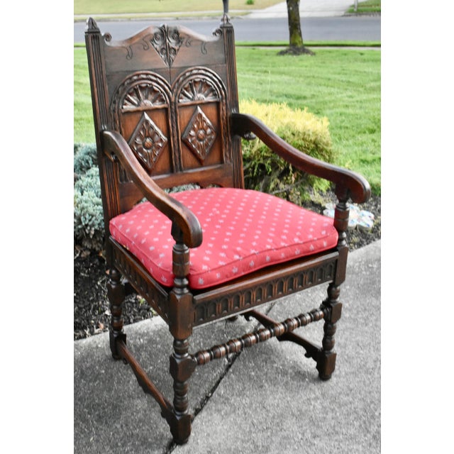 Brown Antique Kittinger Solid Oak Carved Tudor Style Chair W/Pillow For Sale - Image 8 of 13
