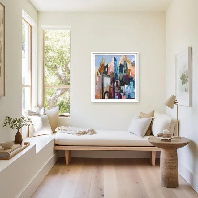 White Joshua Town - Colorful Abstract Urban Still Life Painting on Canvas Framed Original Artwork by Maria C Bernhardsson For Sale - Image 8 of 9