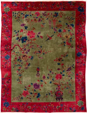 Antique Green Art Deco Chinese Wool Rug 8 Ft 10 in X 11 Ft 5 In
