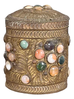 Antique Tibetan Bronze Filigree and Agate Trinket Jar