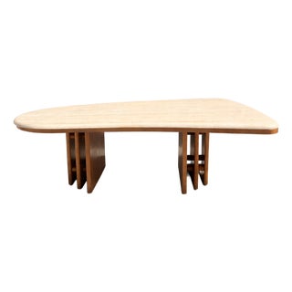 Mid Century Travertine Top Coffee Table With Sculptural Teak Wood Base For Sale