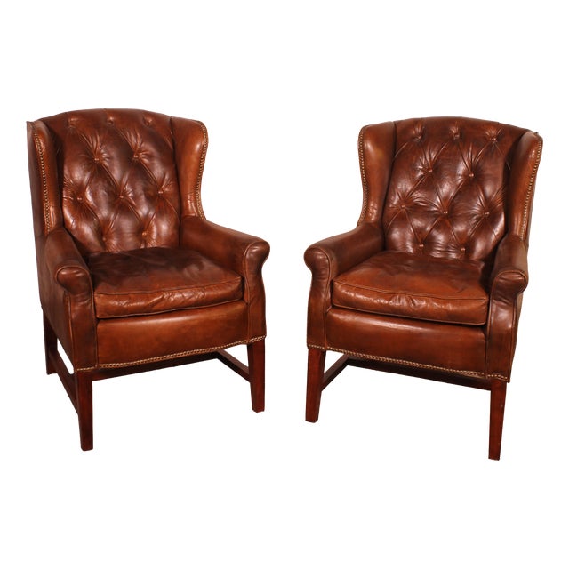 Vintage Wingback Chesterfield Chairs in Brown Leather, 1990s, Set of 2 For Sale