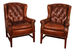 Vintage Wingback Chesterfield Chairs in Brown Leather, 1990s, Set of 2