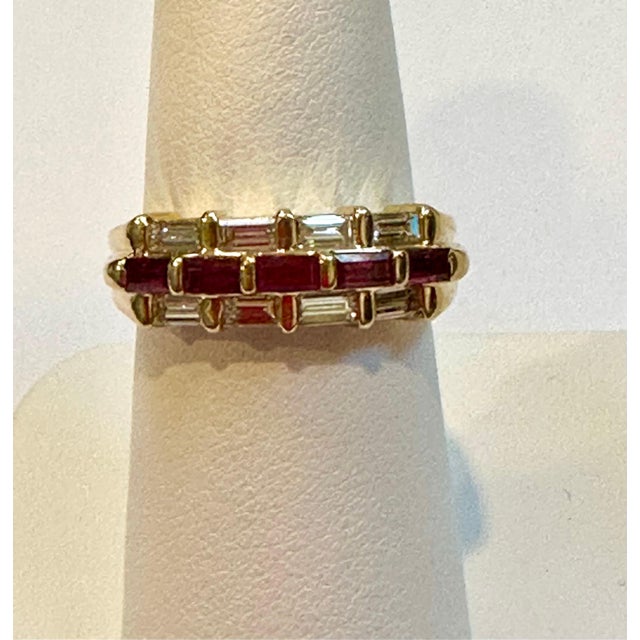 Gemstone Baguettes Diamonds & Princess Cut Natural Burma Ruby Ring 14 Karat Yellow Gold For Sale - Image 7 of 18
