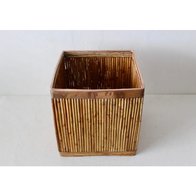Gabriella Crespi Style Brass & Rattan Bamboo Cube Planter or Basket Large Mid Century For Sale - Image 9 of 13