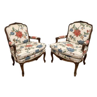 Pair of Vintage Floral Needlepoint Armchairs | Louis XV Style For Sale