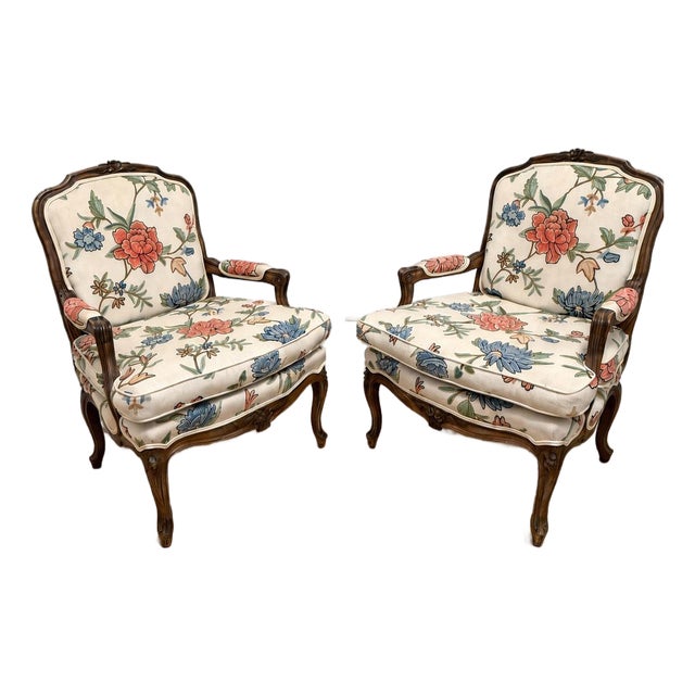 Pair of Vintage Floral Needlepoint Armchairs | Louis XV Style For Sale