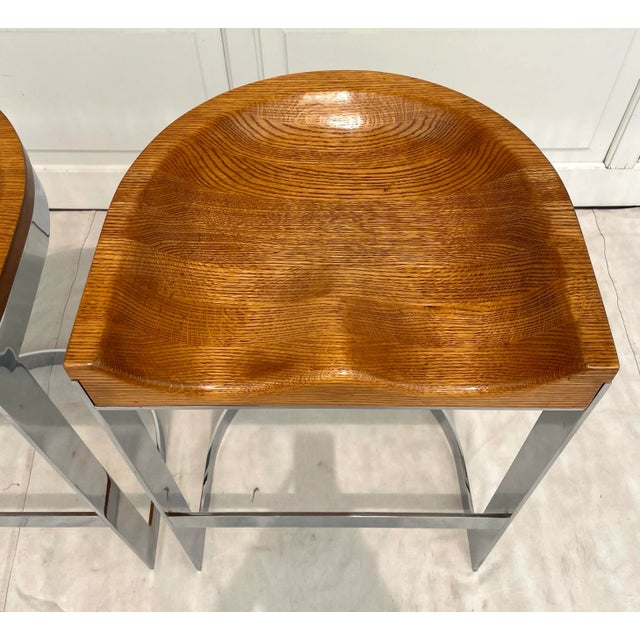 1970s Pair of Oak and Chrome Counter Barstools by Warren Bacon For Sale - Image 5 of 12
