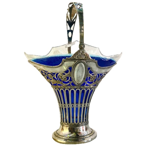 19thC European Silver Plate Glass Flower Basket For Sale - Image 18 of 18