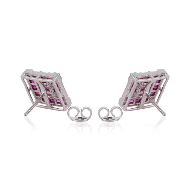 Gemstone Art Deco Natural Ruby & Diamond Square Stud Earrings in Sterling Silver, A Pair For Sale - Image 7 of 12