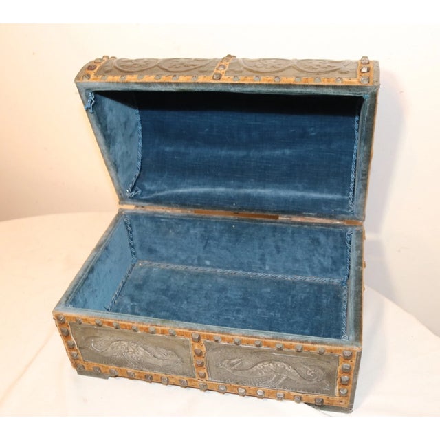 Rare Antique 1916 Handmade Tooled Tole Wood Velour Dome Top Box Trunk Casket For Sale - Image 10 of 12