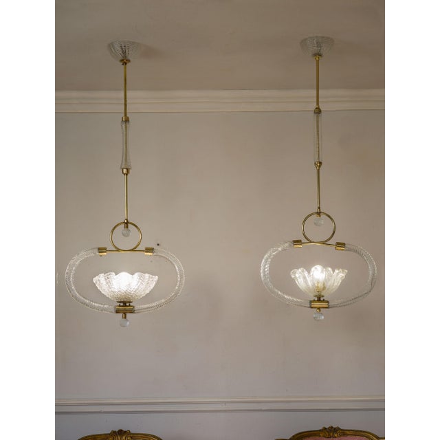 Murano Blown Glass and Brass Pendant Lights by Ercole Barovier for Barovier & Toso, 1930s, Set of 2 For Sale - Image 16 of 16