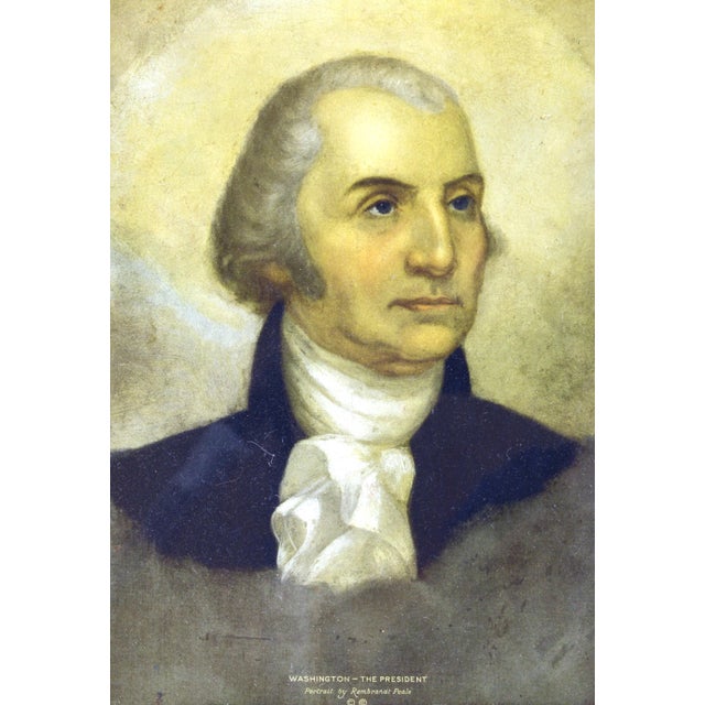 This vintage lithograph print presents a stately portrait of George Washington, the first President of the United States....