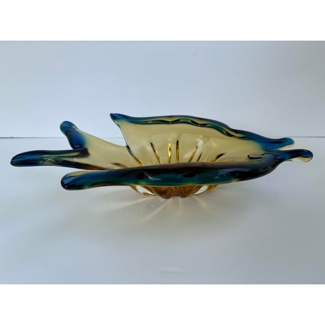Vintage Amber and Teal Blue Murano-Style Art Glass Fish Bowl For Sale - Image 9 of 11