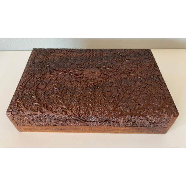 Antique Anglo-Indian Kashmir Hand-Carved Wood Jewelry Box Velvet Lined 1920s For Sale - Image 16 of 18