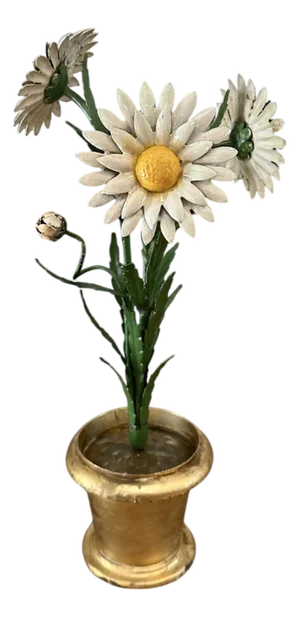 Vintage Italian Tole White Daisy Flowers / Floral Arrangement Sculpture in a Gilt / Gold Leaf Pot, Made in Italy