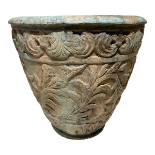 Large Vintage c.1996 Verdigris Patina Embossed Leaf Urn For Sale