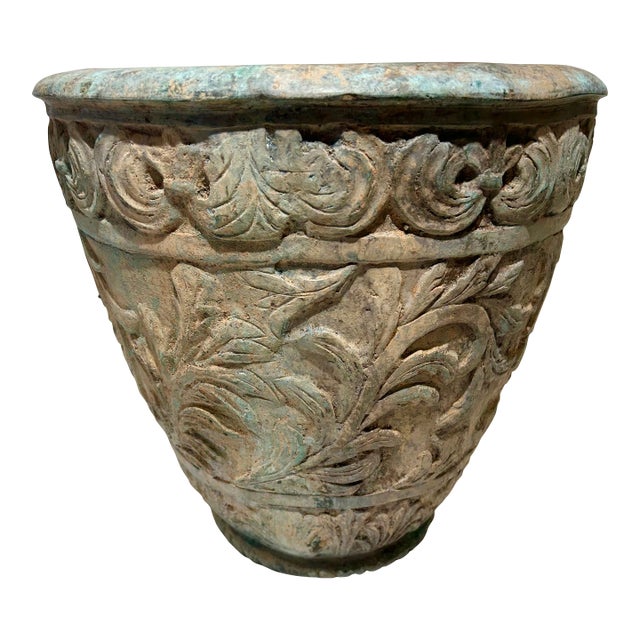 Large Vintage c.1996 Verdigris Patina Embossed Leaf Urn For Sale