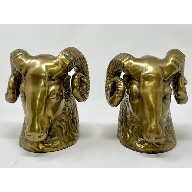 Metal Vintage Hollywood Regency Brass Rams Head Bookends - Set of 2 For Sale - Image 7 of 12