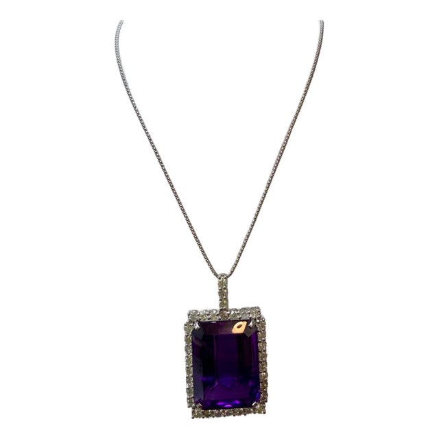 152 Ct Emerald Cut Amethyst & 10 Ct Diamond Pendant Necklace 14kw Gold + Chain For Sale