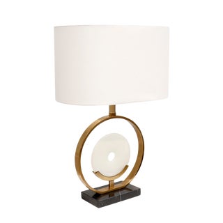 Pasargad Home Sphere Collection White Circular Piece of Marble and Metal Modern Table Lamp with White Shade For Sale