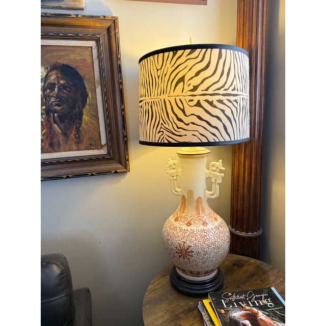 Pair of Large Vintage Crackle Glaze Porcelain Table Lamps With Brass Accents For Sale - Image 4 of 11