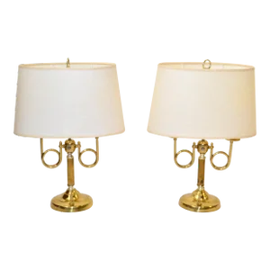Pair French Alsy Vintage Solid Brass 2 Arm Trumpet Horn Bouillotte Lamp Shades