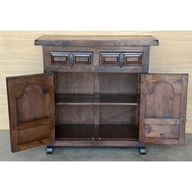 19th Spanish Baroque Carved Walnut Narrow Two Drawer Credenza or Buffet For Sale - Image 6 of 18