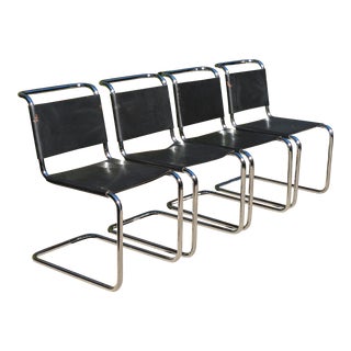 Late 20th Century Marcel Breuer Attributed Leather Sling B33 Dining Chairs Corset Back - Set of 4 For Sale