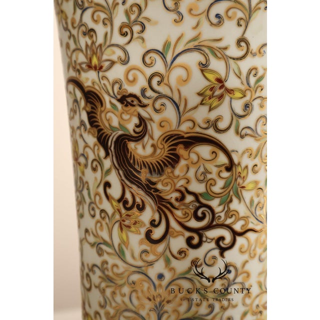 Hand Painted Porcelain Decorative Vase with Gilded Metal Base and Cap For Sale - Image 16 of 17