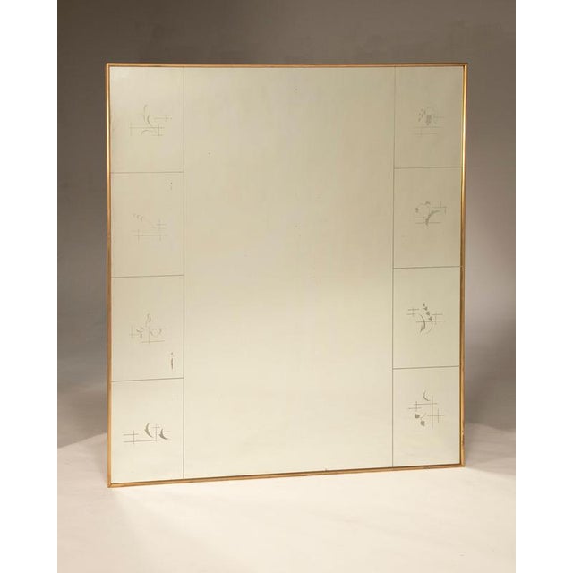 Decorative Mirror with Silk-Screened Designs and Brass Frame, 1940s For Sale - Image 3 of 12