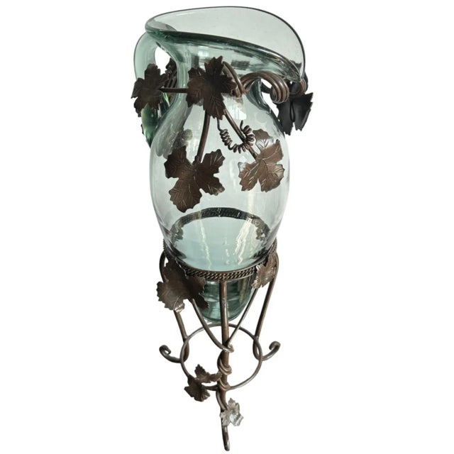 Vintage Glass Floor Pitcher Jug With Wrought Iron Grapevine Collar & Stand For Sale In Los Angeles - Image 6 of 12