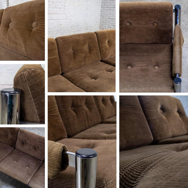 Late 20th Century Modern James David Sling Sofa W/Brown Wide Wale Corduroy Chrome Frame For Sale - Image 11 of 18