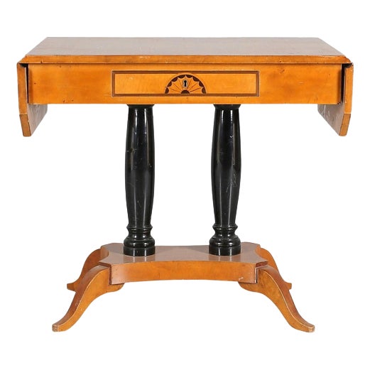 Biedermeier Swedish Drop-Leaf Pedestal Table in Golden Birch Marquetry Ormolu, 1890s For Sale