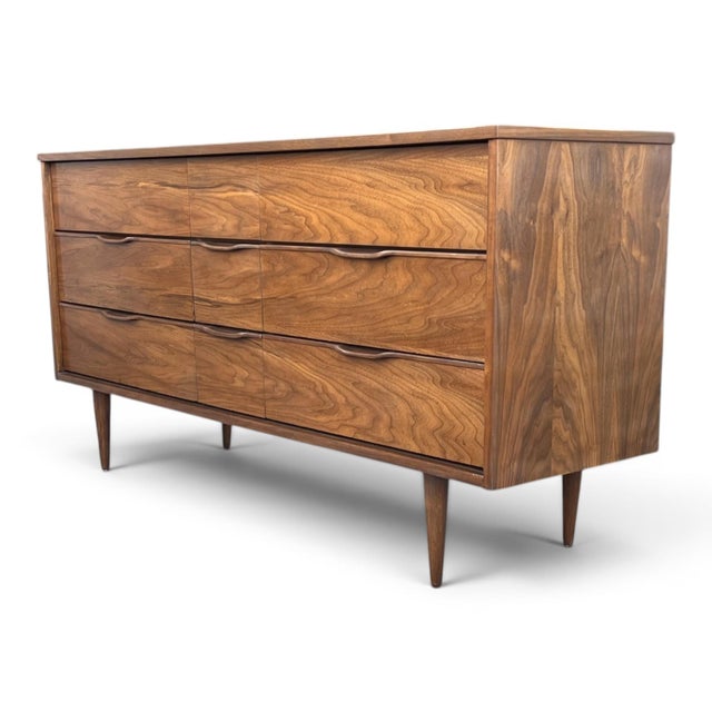 Restored Mid-Century Modern Walnut 9-Drawer Dresser With Recessed Pulls For Sale - Image 9 of 12