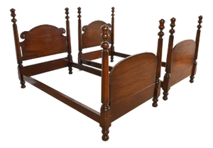 Tobey Furniture Antique Georgian Carved Solid Mahogany Twin Size Poster Beds, Pair