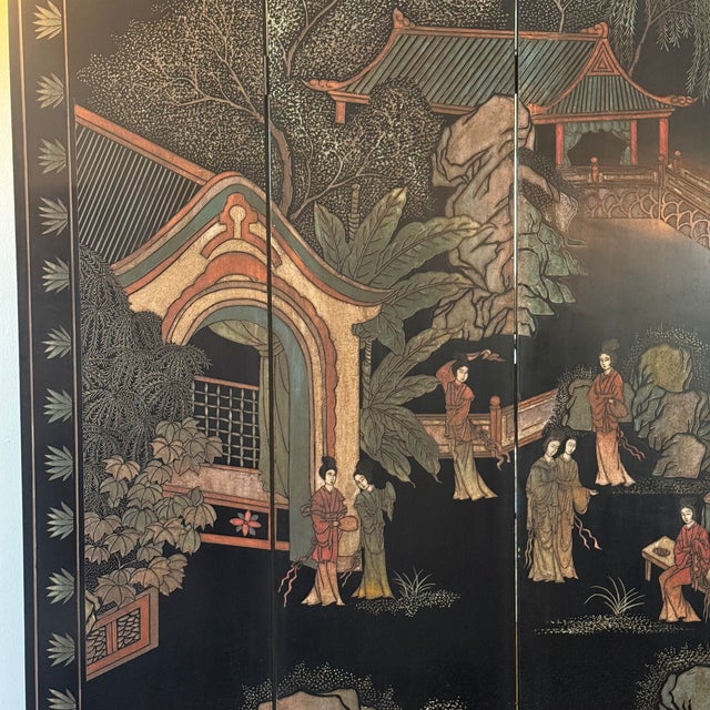 Black Monumental Antique Chinese Double-Sided Black Lacquer Six-Panel Screen For Sale - Image 8 of 8
