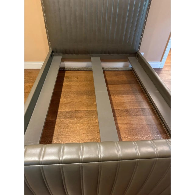 Frank Roop Queen Canopy Bed in Olive Green Leather and Alcantara With Nailhead Detail For Sale In Boston - Image 6 of 8
