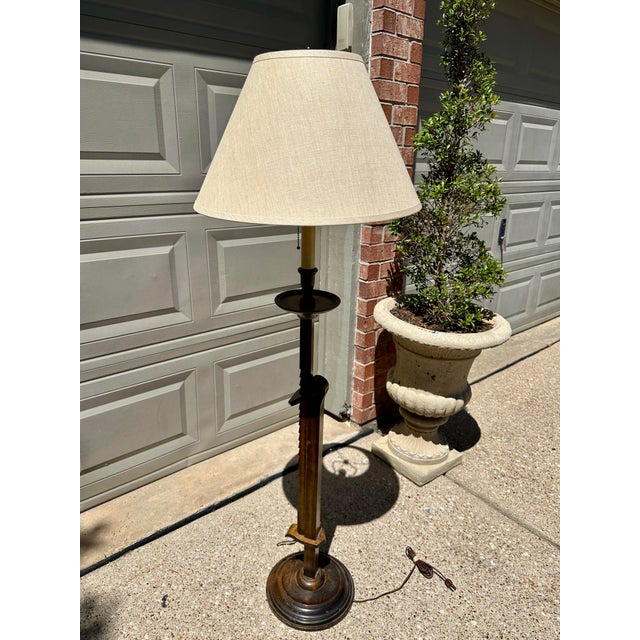 Wood 1940s Frances Elkins Prototype Mahogany Adjustable Ratchet Floor Lamp With Rh Linen Shade For Sale - Image 7 of 10