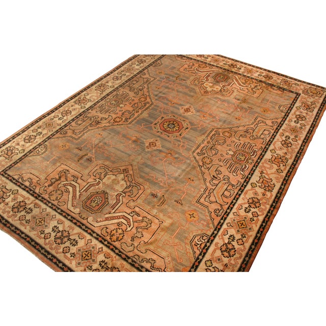 Transitional Hand Knotted Antique Oushak Style Rug in Blue and Pink Medallion Style For Sale - Image 3 of 5