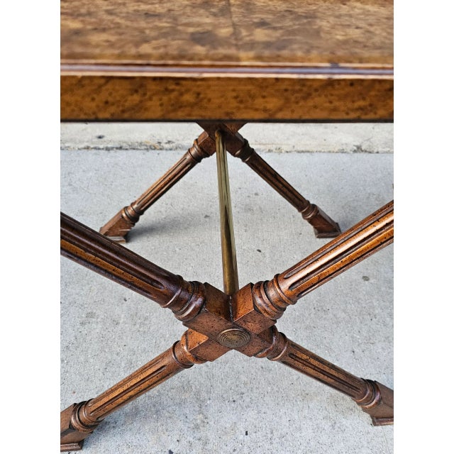 Pair of Vintage Weiman Furniture Hollywood Regency Burl and Brass X-Base Side Tables For Sale - Image 11 of 12