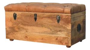 Buffalo Leather Upholstered Storage Trunk in Oak Finish