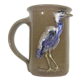 Vintage Signed Great Blue Heron Studio Pottery Mug With Bird Stoneware Brown For Sale