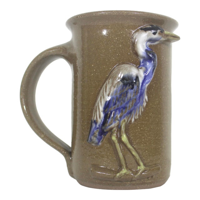 Vintage Signed Great Blue Heron Studio Pottery Mug With Bird Stoneware Brown For Sale
