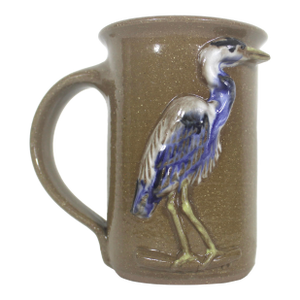 Vintage Signed Great Blue Heron Studio Pottery Mug With Bird Stoneware Brown