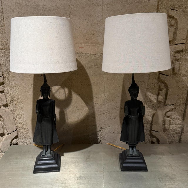 Antique Thai/Khmer-Style Bronze Standing Buddha Table Lamps Hollywood Regency For Sale - Image 17 of 18
